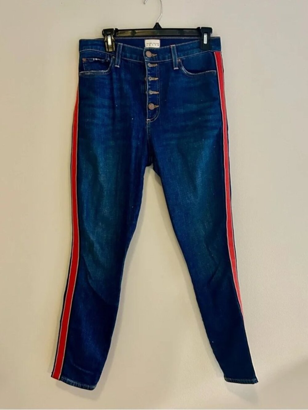 Alice and Olivia Blue Skinny Jeans Red Side Stripe Exposed Button Fly Dark Wash